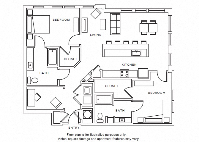 Floor plan for 2 beds, 2 baths, 1381 sqft